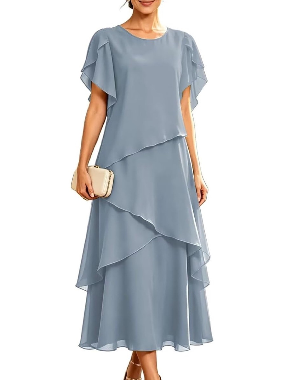 Elegant Layered Chiffon Midi Dress in Light Blue